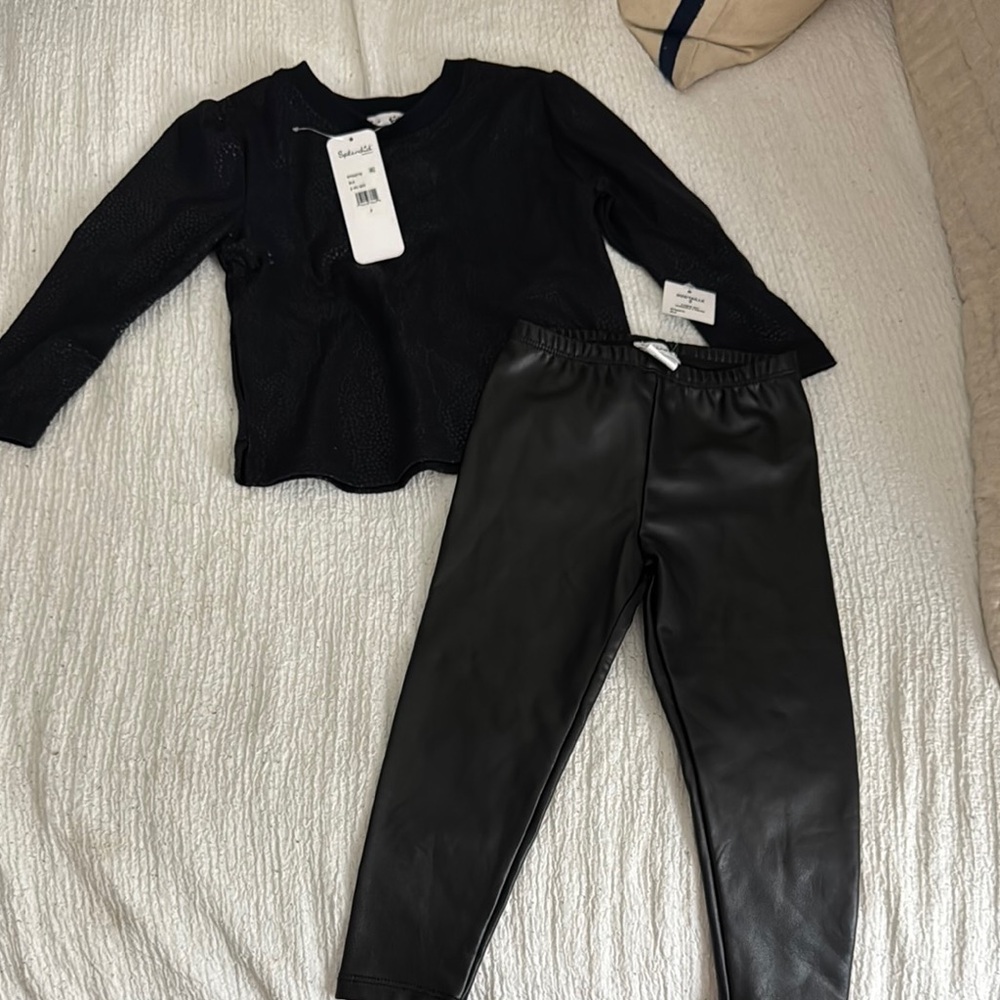 Splendid Black Kids Matching Set.  Leather look pants with printed top .